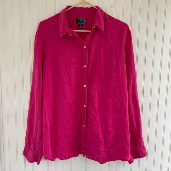 Chaps Classics Women's Dark Hot Pink 100% Linen Button Down Shirt Size XL - Picture 1 of 9